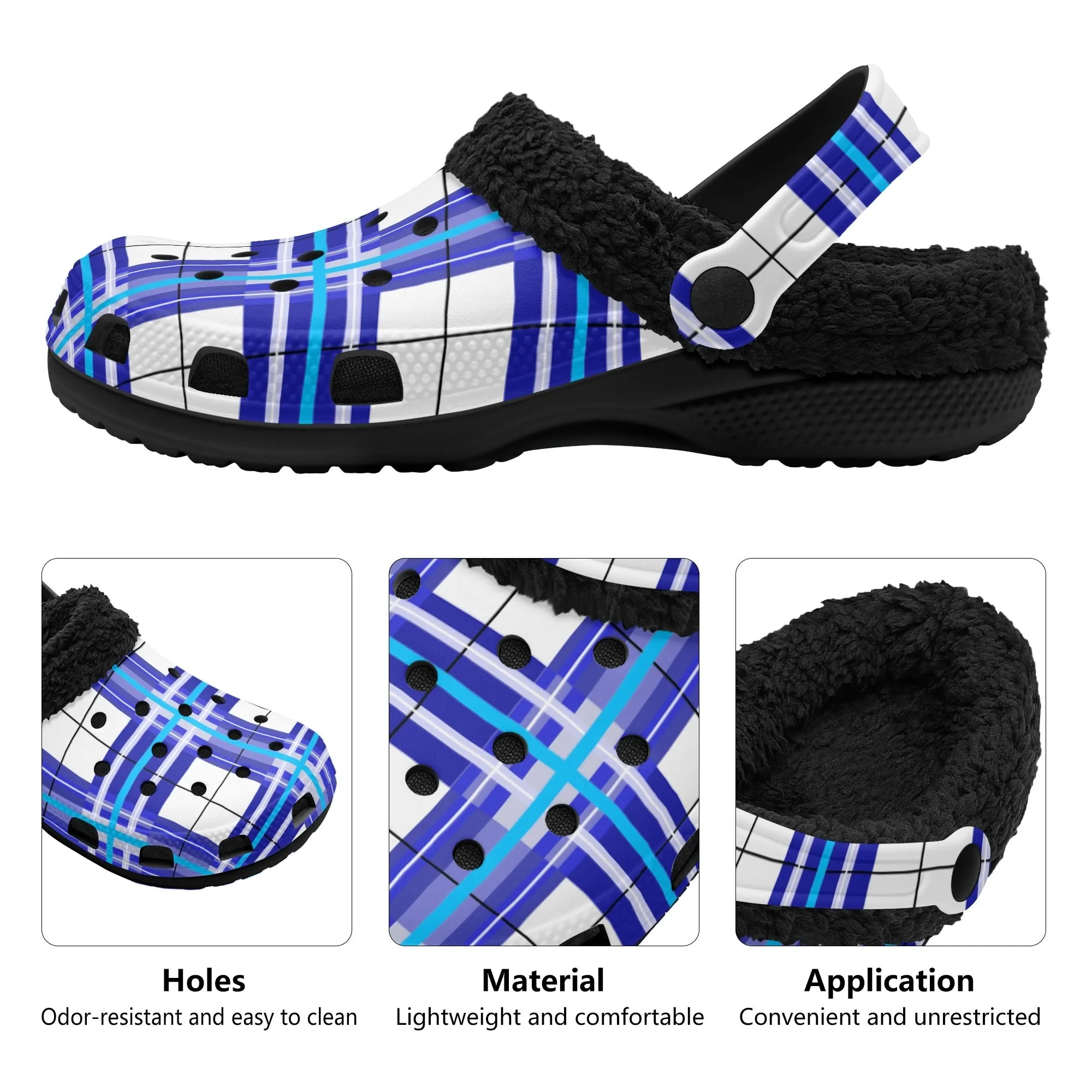 ✨'Cumbrae Sky' Happy Tartan® Adult Clogs With Black Fleece Fur Lining✨