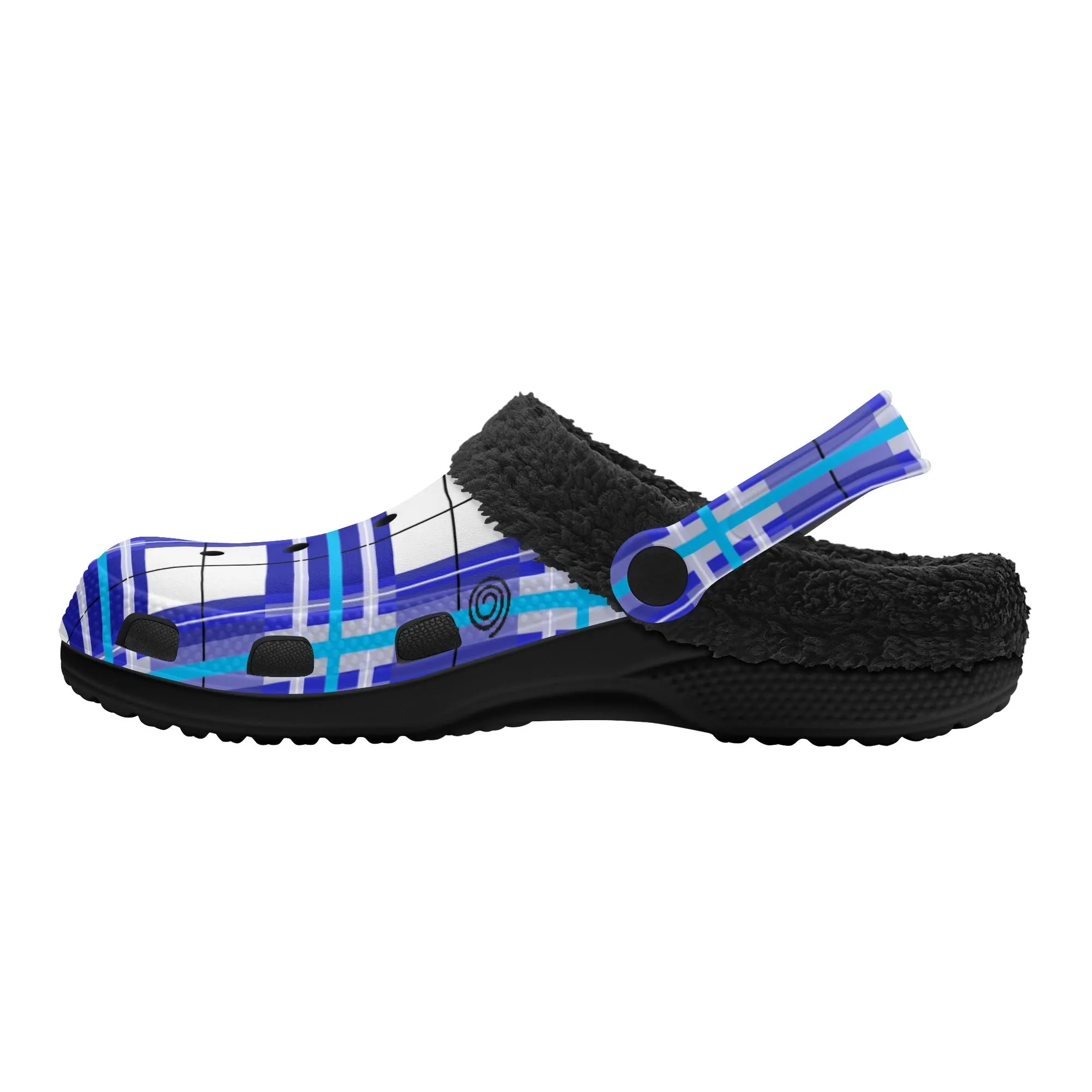 ✨'Cumbrae Sky' Happy Tartan® Adult Clogs With Black Fleece Fur Lining✨