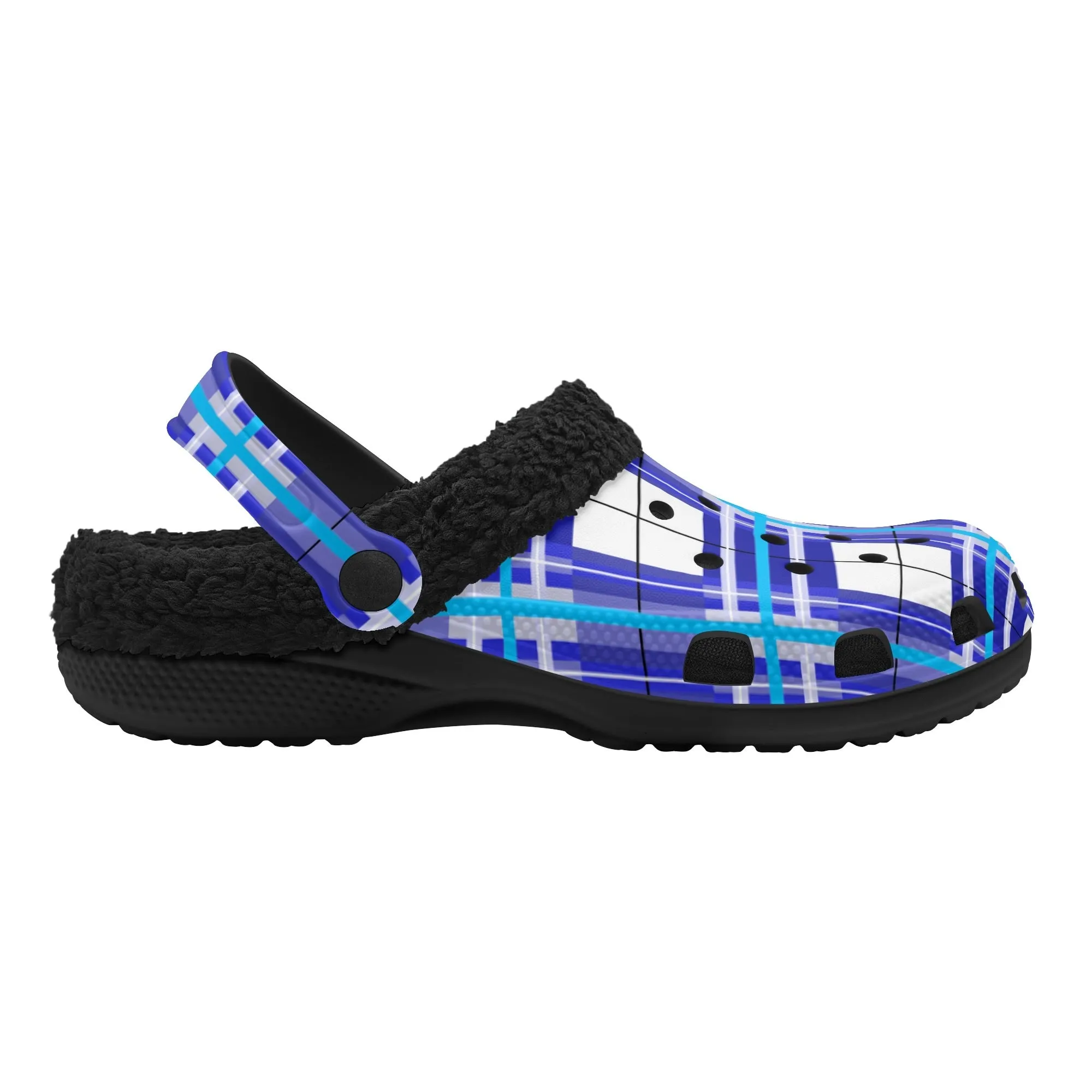 ✨'Cumbrae Sky' Happy Tartan® Adult Clogs With Black Fleece Fur Lining✨