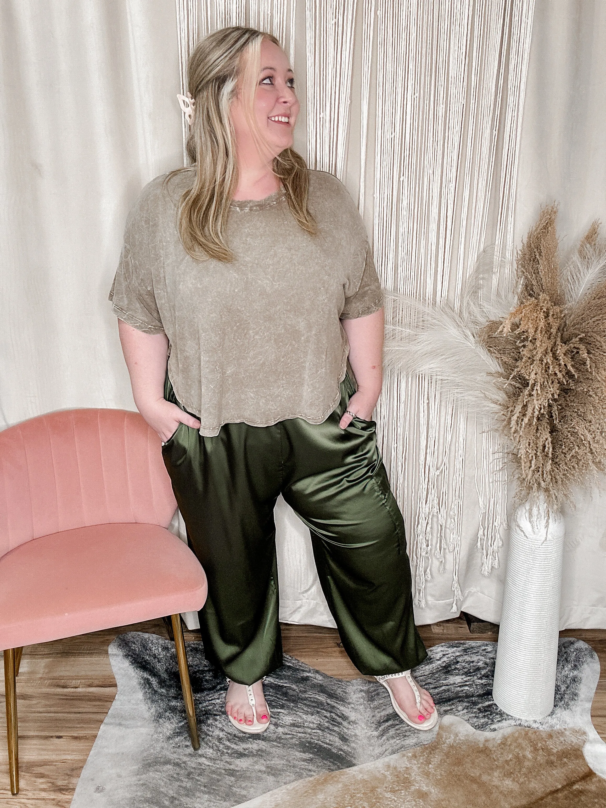 Curvy Olive Satin Cargo Pants