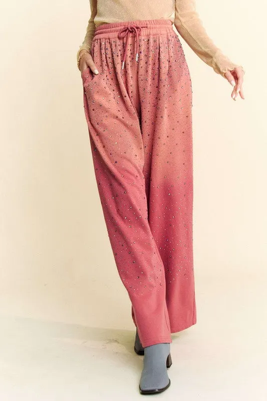 Deep Rose Rhinestone Drawstring Wide Leg Pants