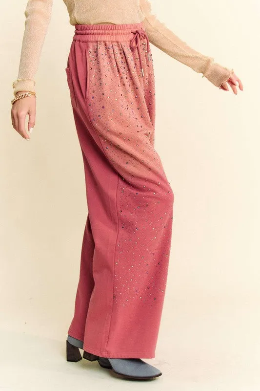 Deep Rose Rhinestone Drawstring Wide Leg Pants