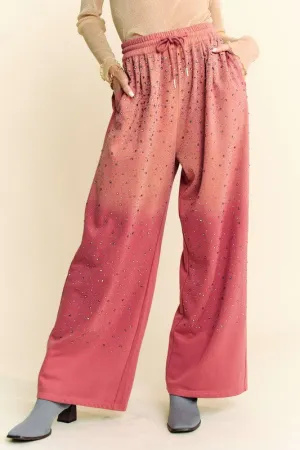Deep Rose Rhinestone Drawstring Wide Leg Pants