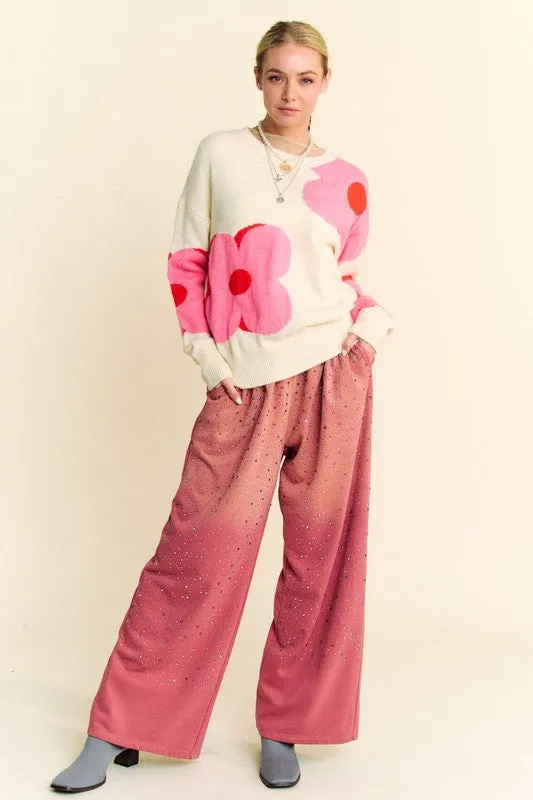 Deep Rose Rhinestone Drawstring Wide Leg Pants