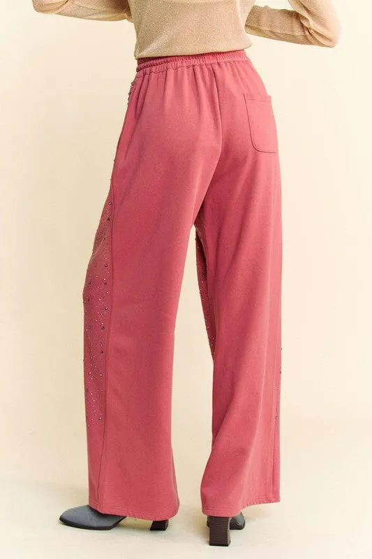 Deep Rose Rhinestone Drawstring Wide Leg Pants