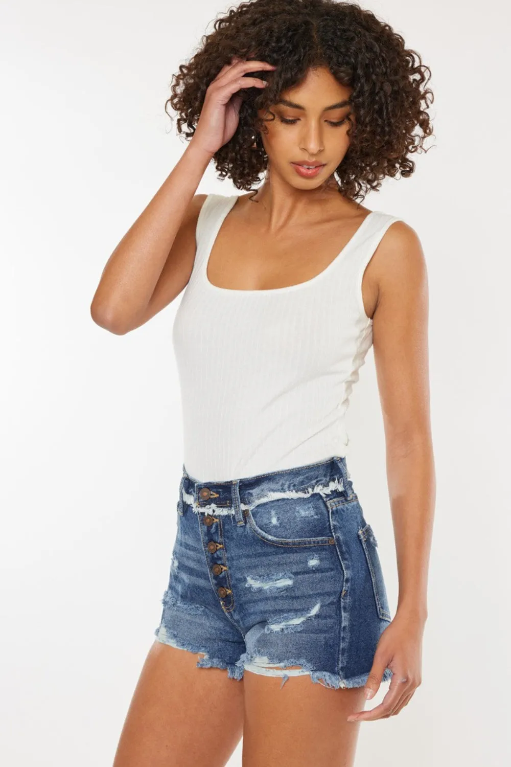 Distressed Dark Wash Button Fly Blue Denim Shorts