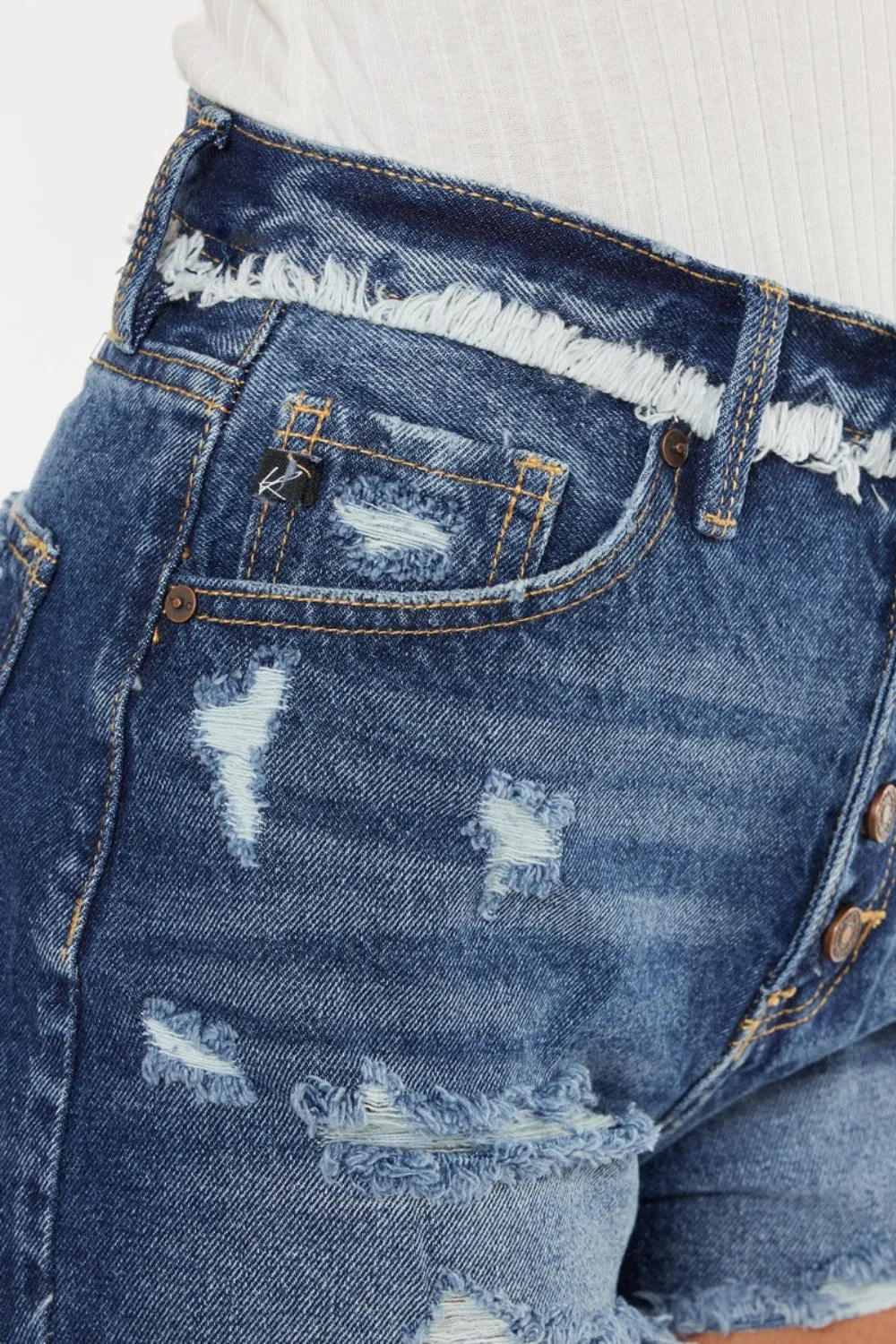 Distressed Dark Wash Button Fly Blue Denim Shorts
