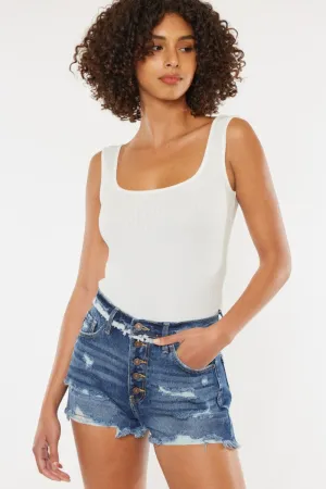 Distressed Dark Wash Button Fly Blue Denim Shorts