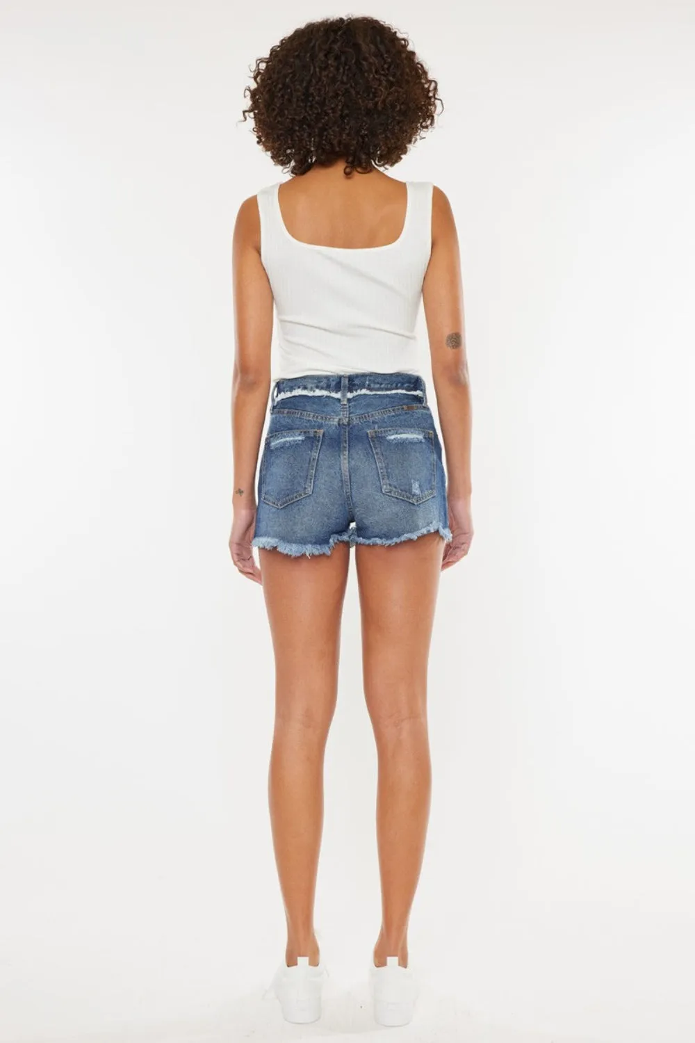Distressed Dark Wash Button Fly Blue Denim Shorts