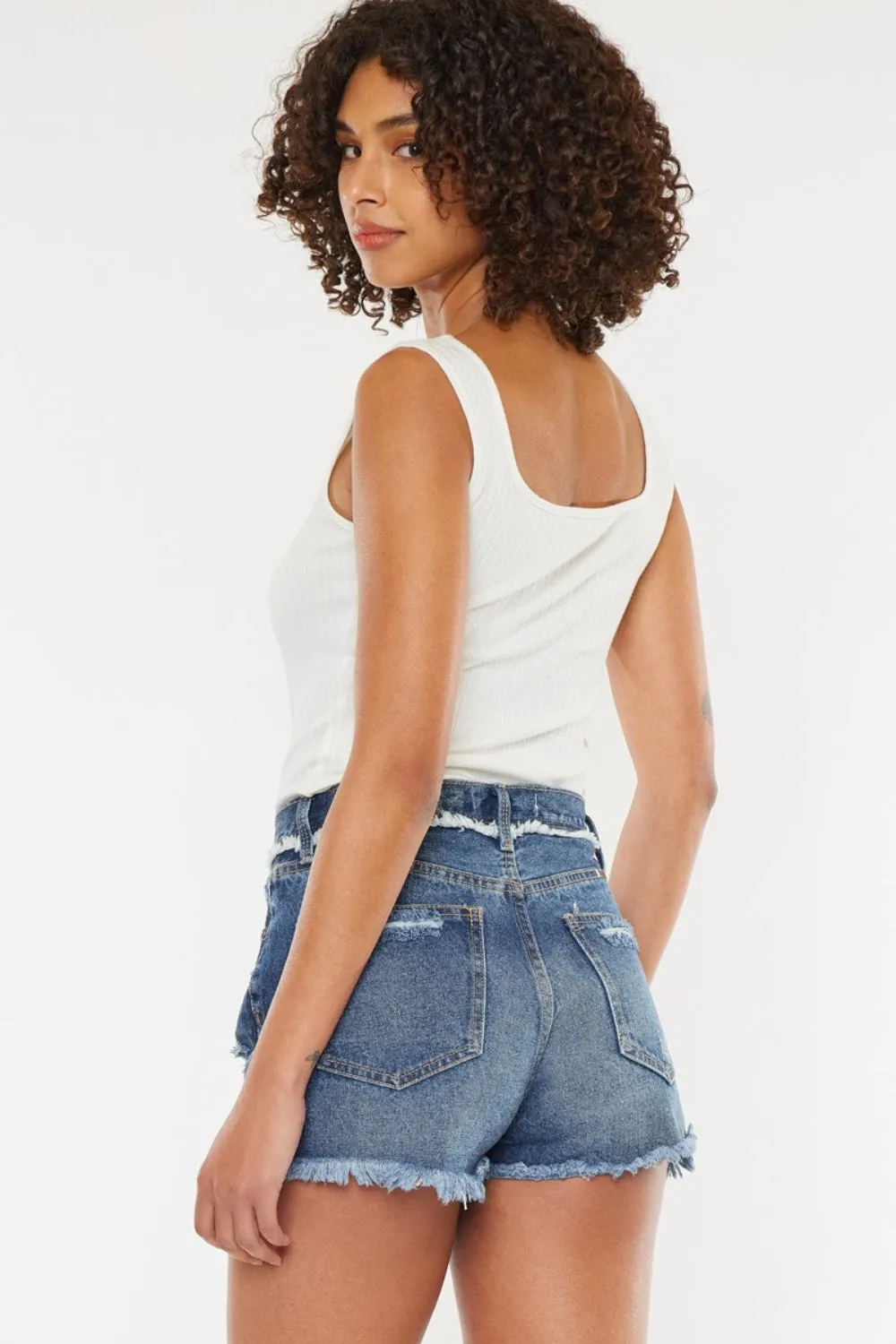 Distressed Dark Wash Button Fly Blue Denim Shorts