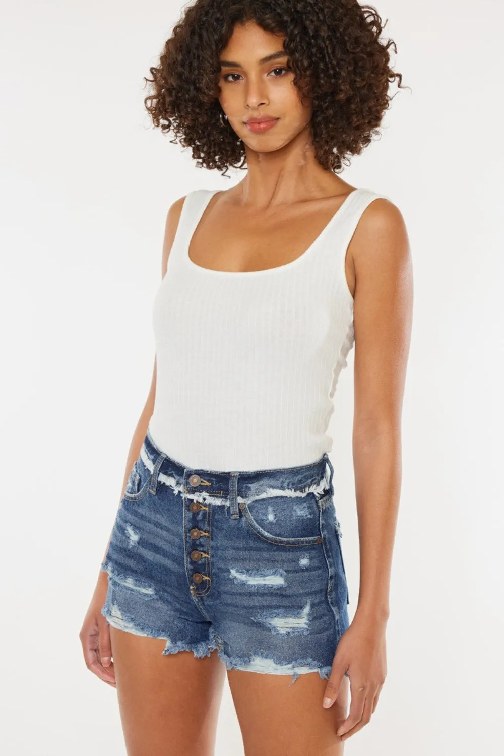Distressed Dark Wash Button Fly Blue Denim Shorts