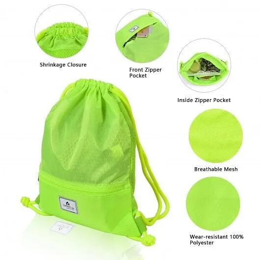 Drawstring Backpack String Bag Foldable Sports Sack with Zipper Pocket-Green - C