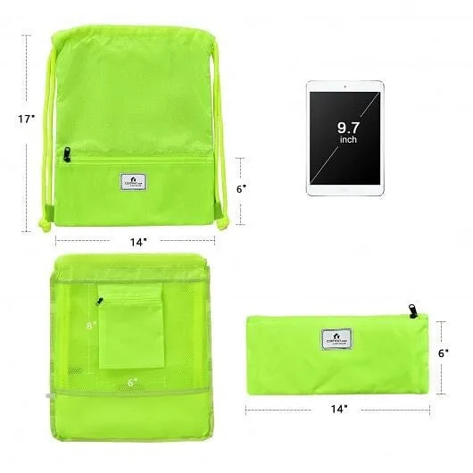 Drawstring Backpack String Bag Foldable Sports Sack with Zipper Pocket-Green - C