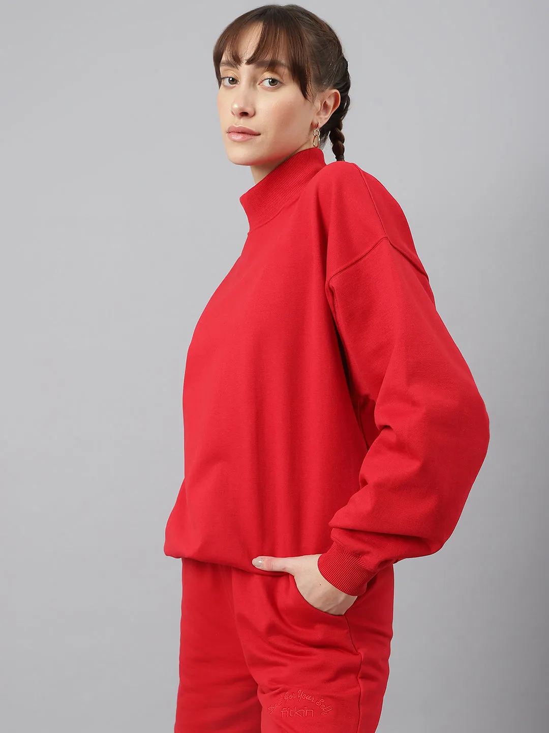 Fitkin Women Red Crew Neck Oversized Sweatshirt