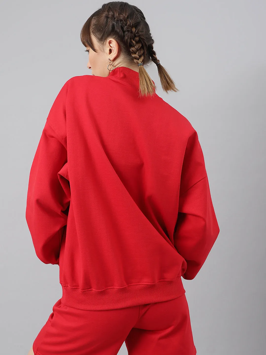 Fitkin Women Red Crew Neck Oversized Sweatshirt
