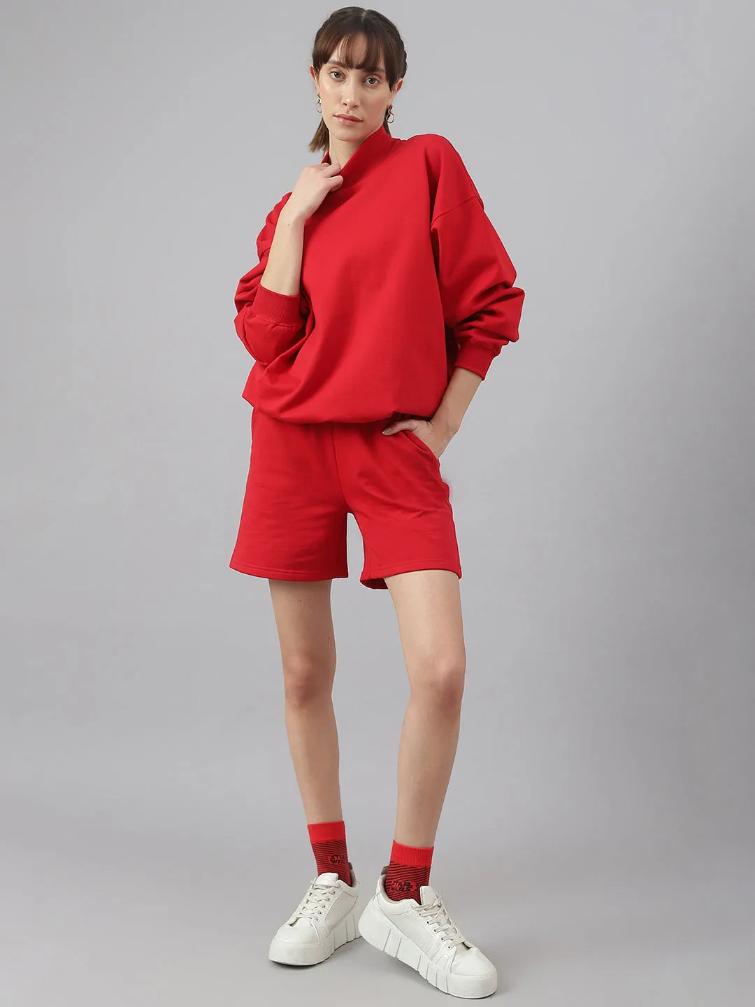 Fitkin Women Red Crew Neck Oversized Sweatshirt
