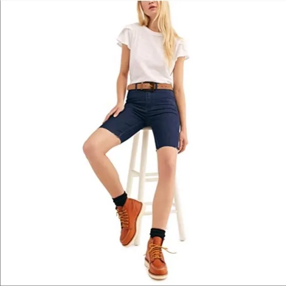 Free People So Chic Denim Biker Frayed Hem Shorts