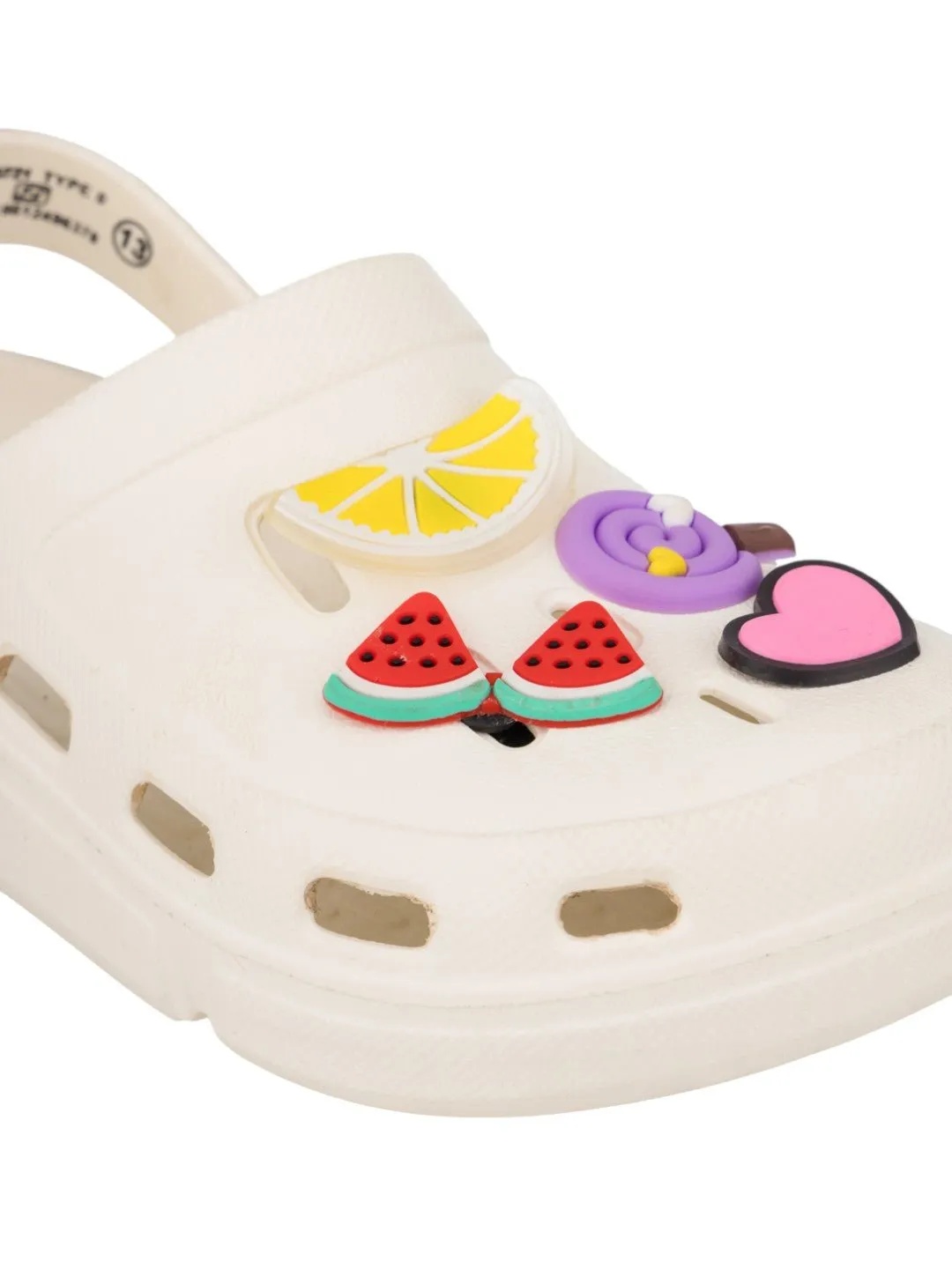 Fun & Flexible Cartoon Clogs with Fruit Candy and Heart Charms for Girls- White