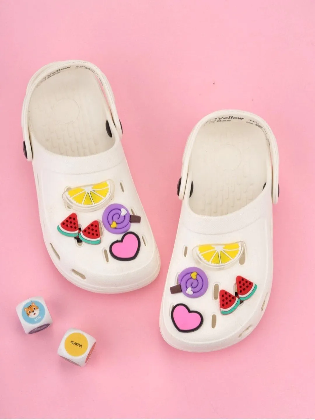 Fun & Flexible Cartoon Clogs with Fruit Candy and Heart Charms for Girls- White