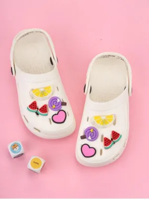 Fun & Flexible Cartoon Clogs with Fruit Candy and Heart Charms for Girls- White