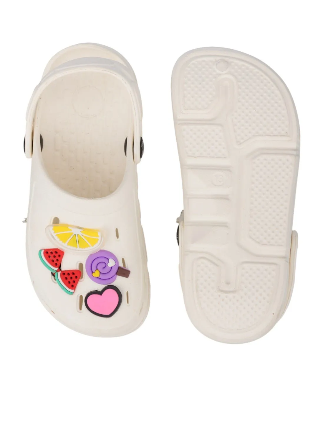 Fun & Flexible Cartoon Clogs with Fruit Candy and Heart Charms for Girls- White