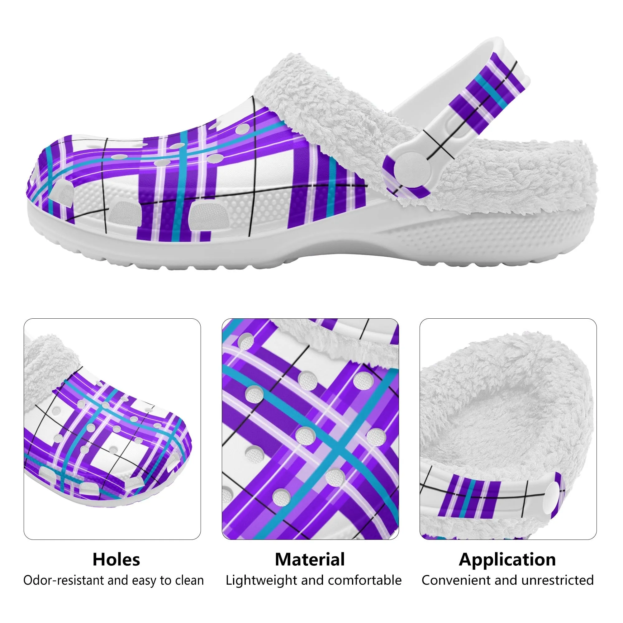 ✨'Gigha Sky' Happy Tartan® Adult Clogs With White Fleece Fur Lining✨