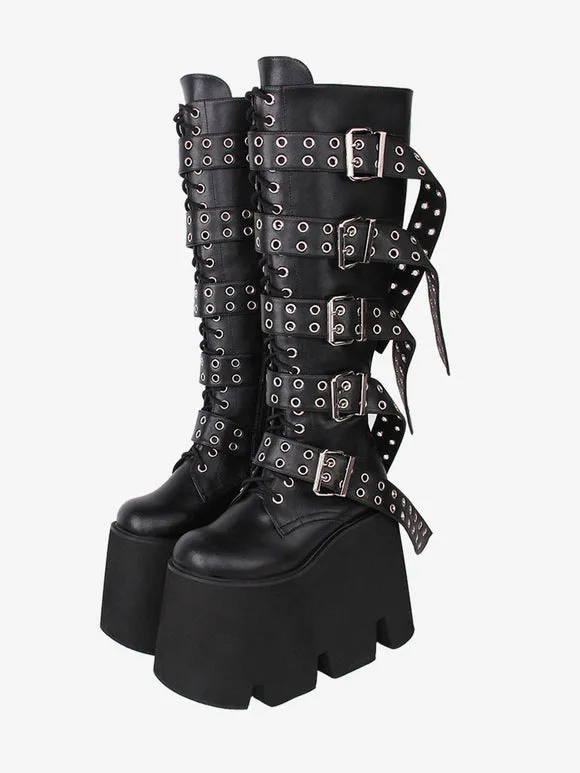 Gothic Lolita Boots Black PU Round Toe PU Leather Lolita Footwear