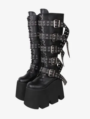 Gothic Lolita Boots Black PU Round Toe PU Leather Lolita Footwear
