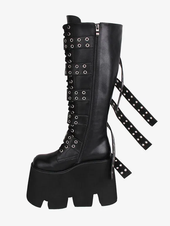 Gothic Lolita Boots Black PU Round Toe PU Leather Lolita Footwear