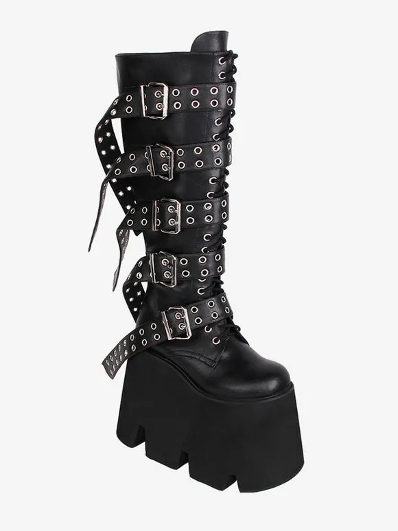 Gothic Lolita Boots Black PU Round Toe PU Leather Lolita Footwear
