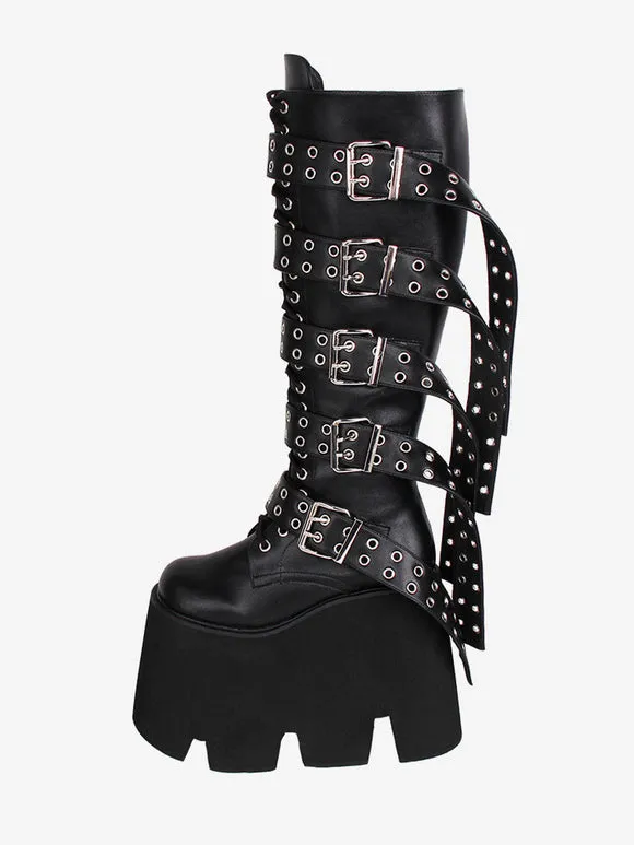 Gothic Lolita Boots Black PU Round Toe PU Leather Lolita Footwear