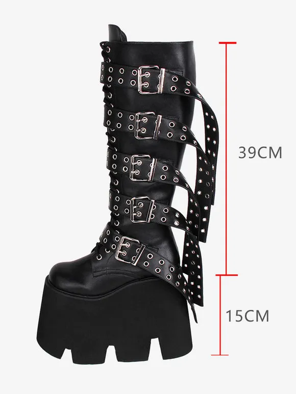 Gothic Lolita Boots Black PU Round Toe PU Leather Lolita Footwear