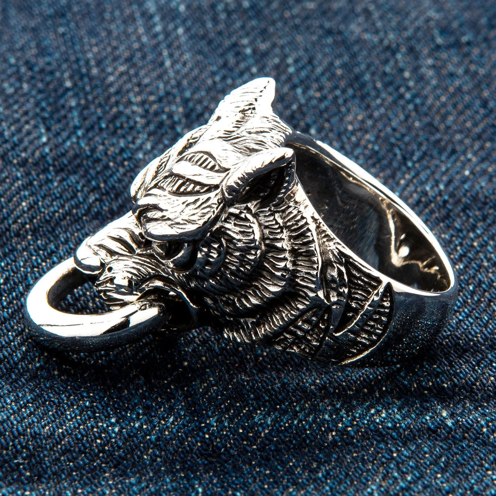 Guardian Tiger Head Sterling Silver Biker Ring