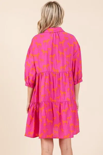 Hot Pink Zebra Print Button Down Shirt Mini Dress