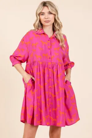 Hot Pink Zebra Print Button Down Shirt Mini Dress