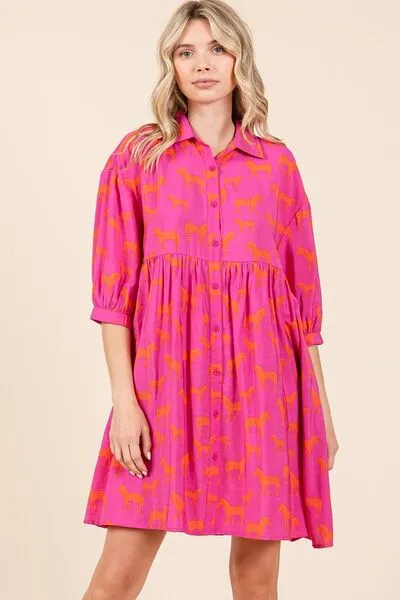 Hot Pink Zebra Print Button Down Shirt Mini Dress