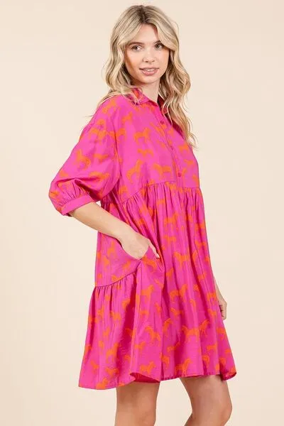 Hot Pink Zebra Print Button Down Shirt Mini Dress