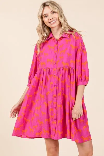 Hot Pink Zebra Print Button Down Shirt Mini Dress