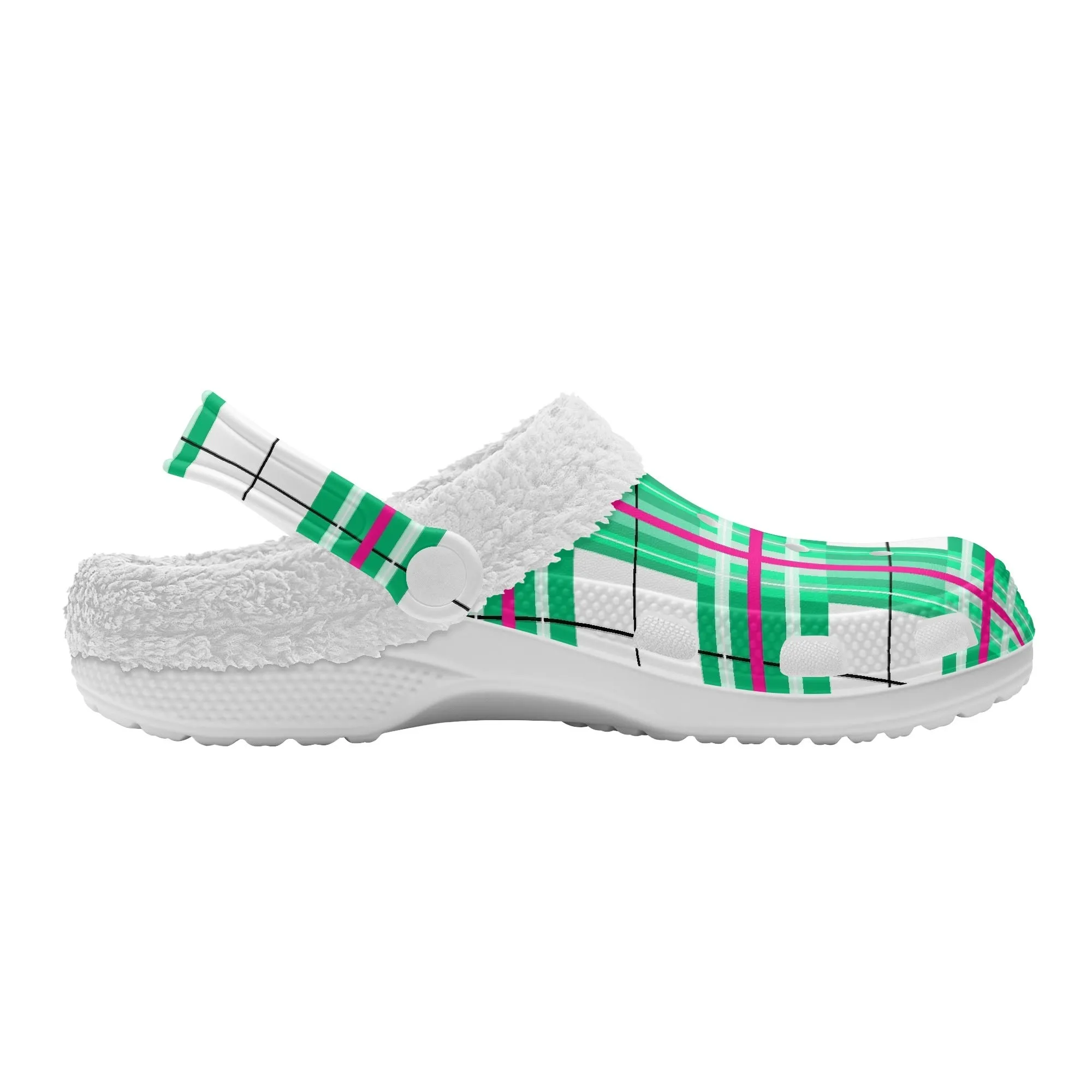 ✨'Iona Sky' Happy Tartan® Adult Clogs With White Fleece Fur Lining✨