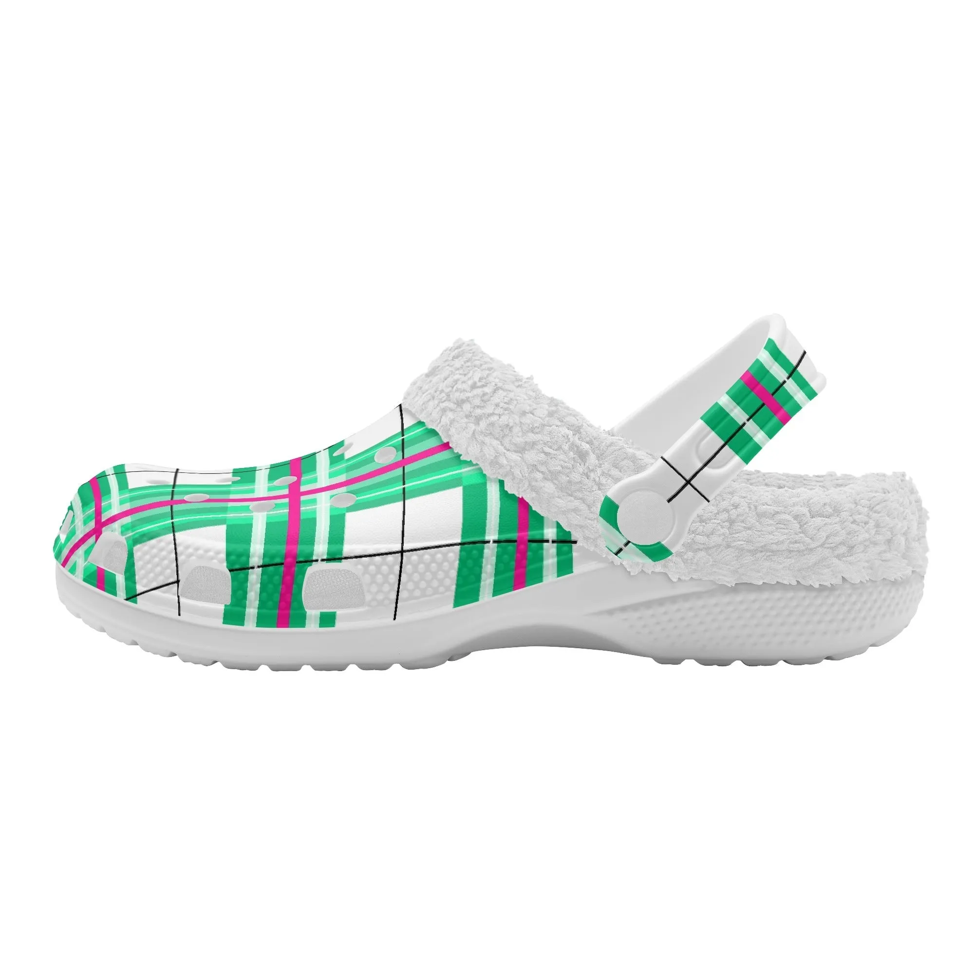 ✨'Iona Sky' Happy Tartan® Adult Clogs With White Fleece Fur Lining✨