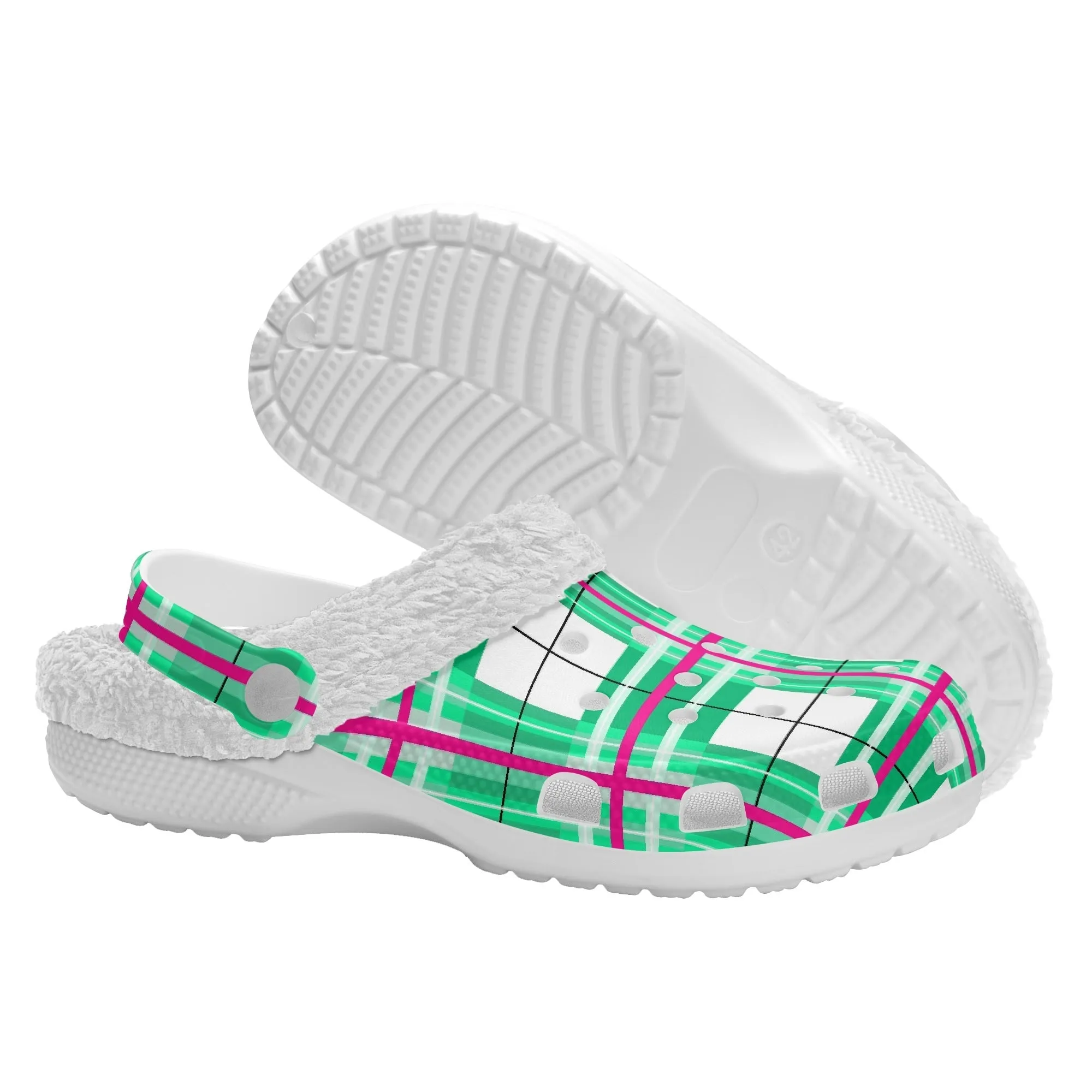 ✨'Iona Sky' Happy Tartan® Adult Clogs With White Fleece Fur Lining✨