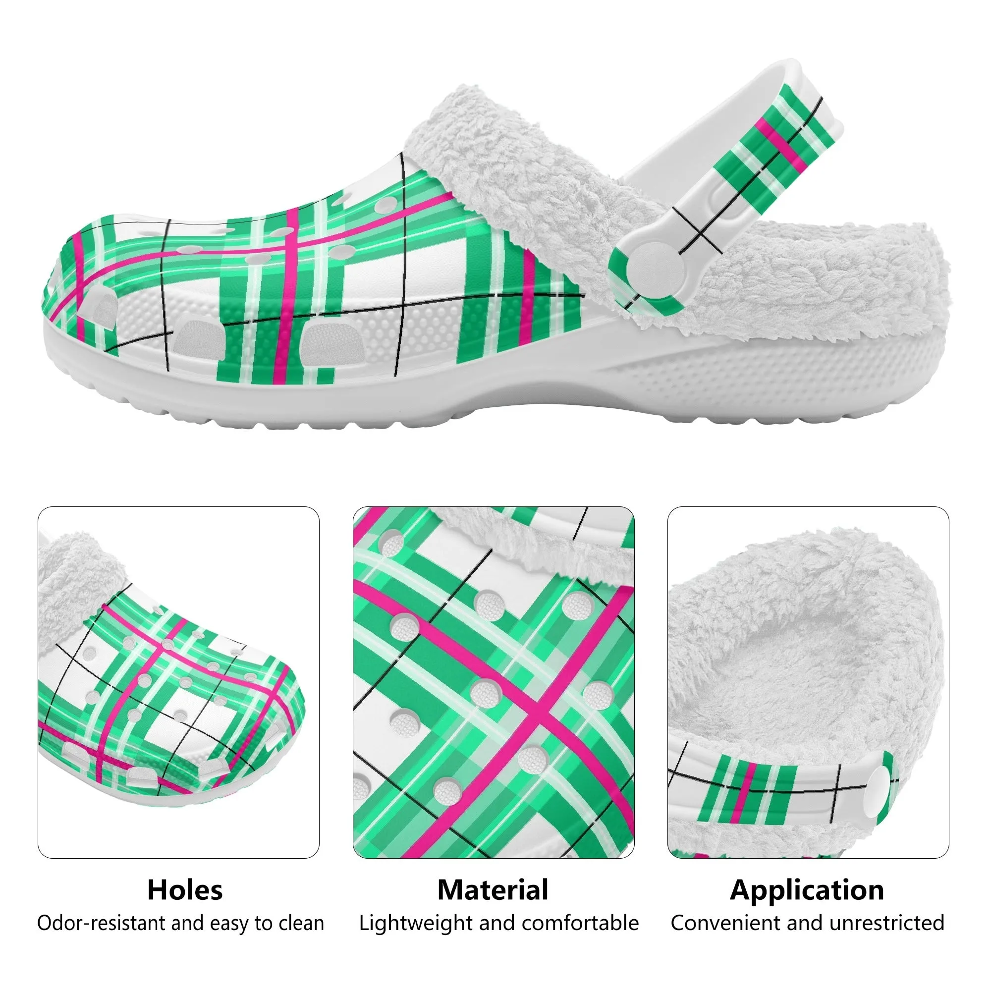 ✨'Iona Sky' Happy Tartan® Adult Clogs With White Fleece Fur Lining✨