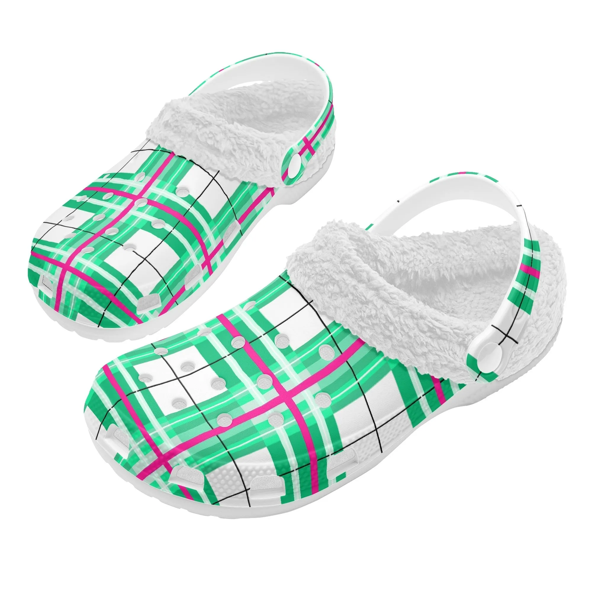 ✨'Iona Sky' Happy Tartan® Adult Clogs With White Fleece Fur Lining✨
