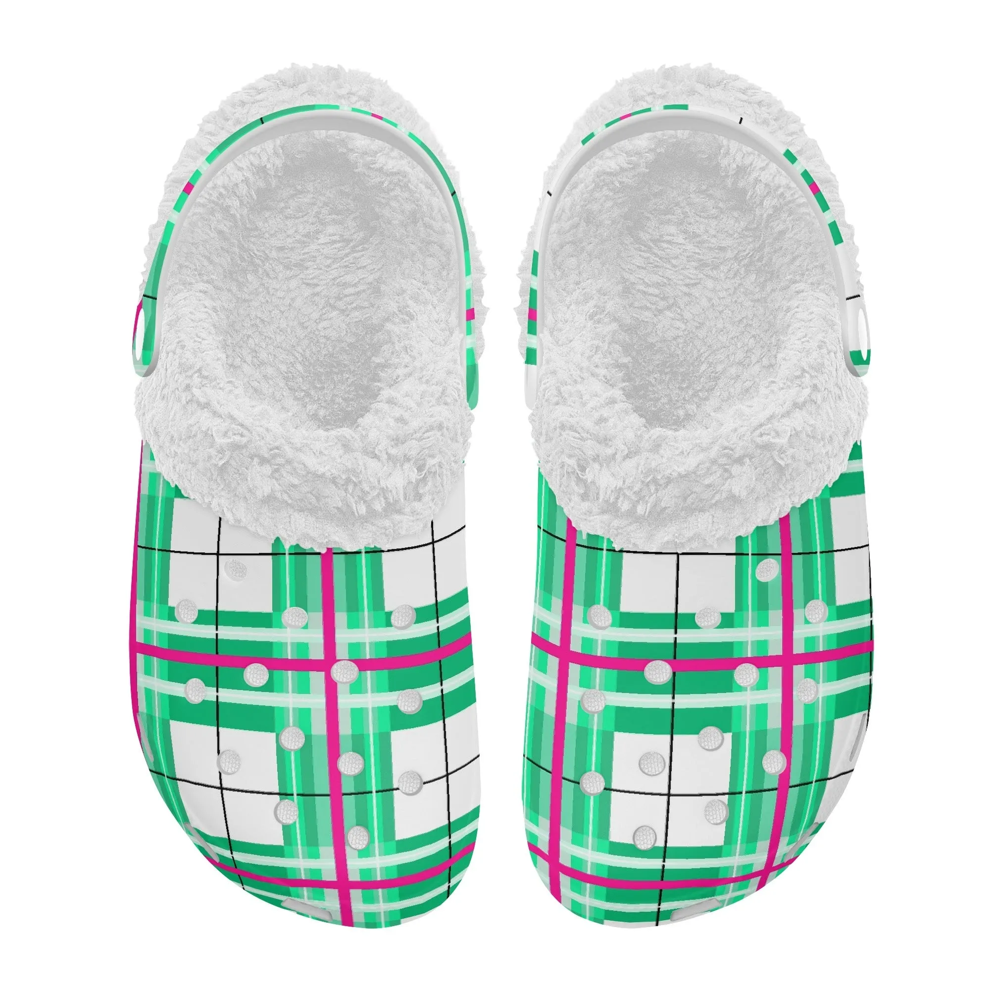 ✨'Iona Sky' Happy Tartan® Adult Clogs With White Fleece Fur Lining✨