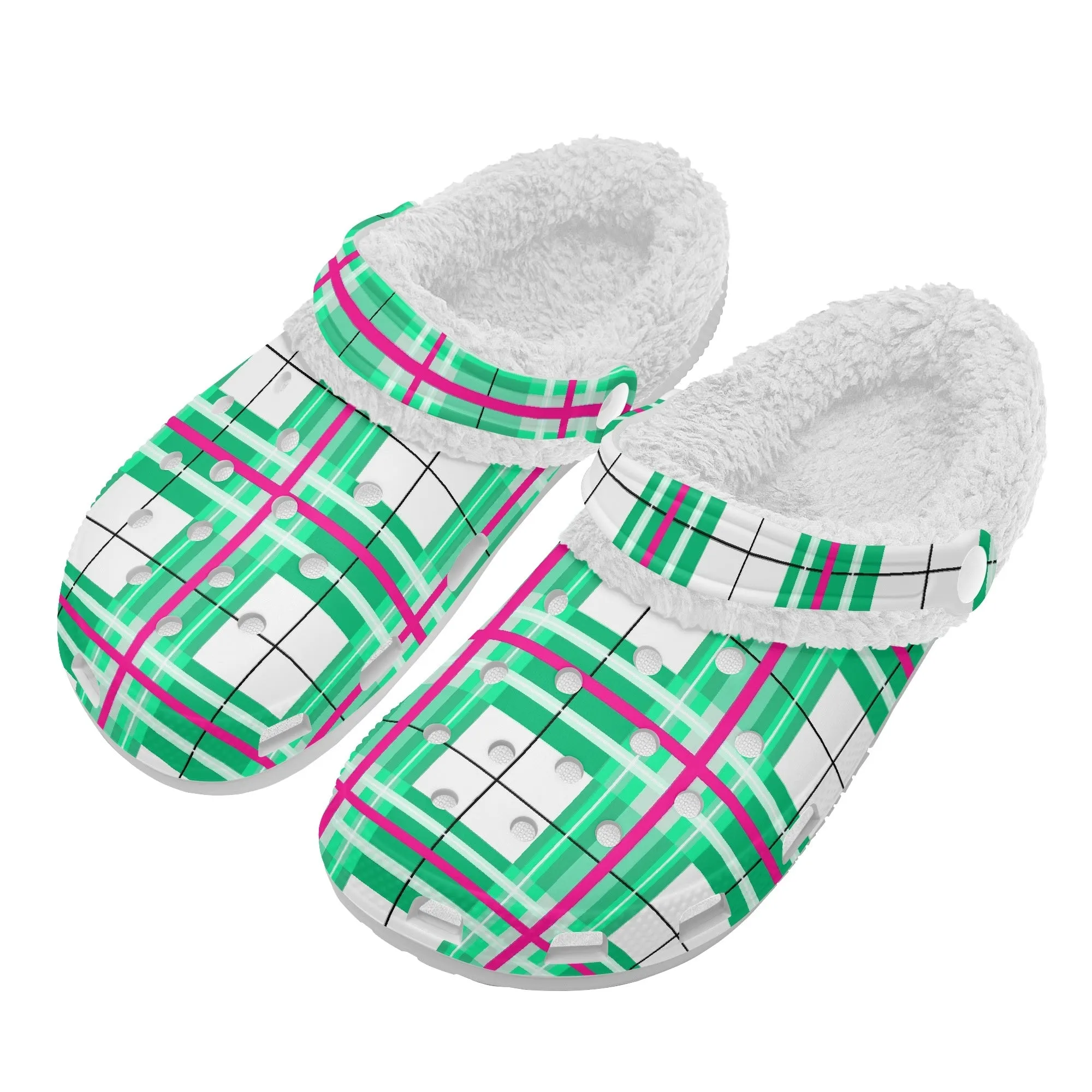 ✨'Iona Sky' Happy Tartan® Adult Clogs With White Fleece Fur Lining✨
