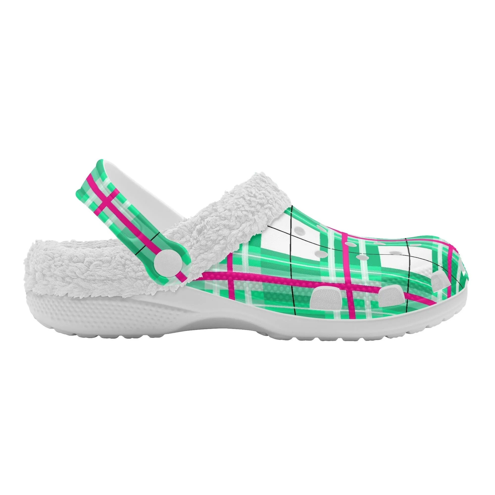 ✨'Iona Sky' Happy Tartan® Adult Clogs With White Fleece Fur Lining✨