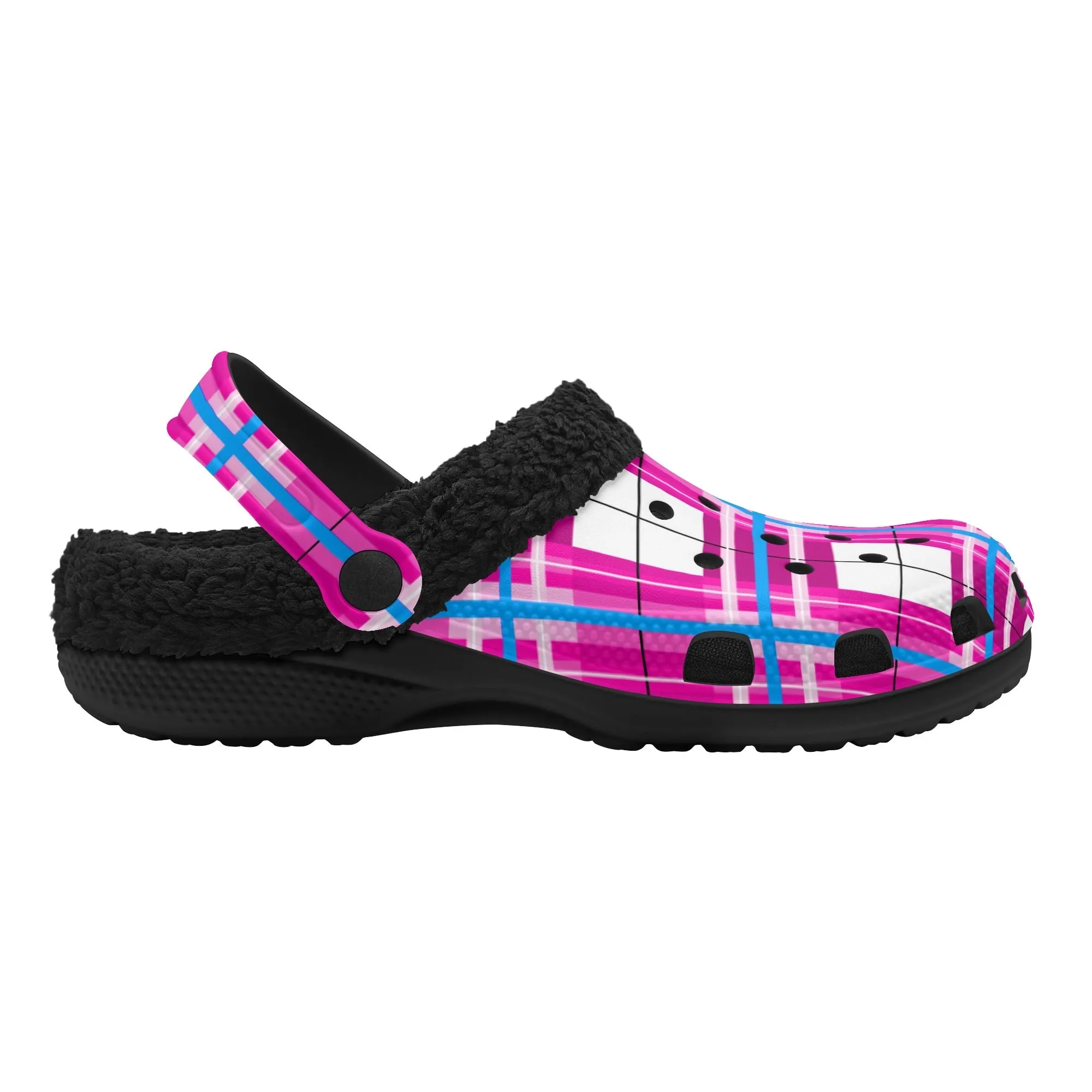 ✨'Islay Sky' Happy Tartan® Adult Clogs With Black Fleece Fur Lining✨