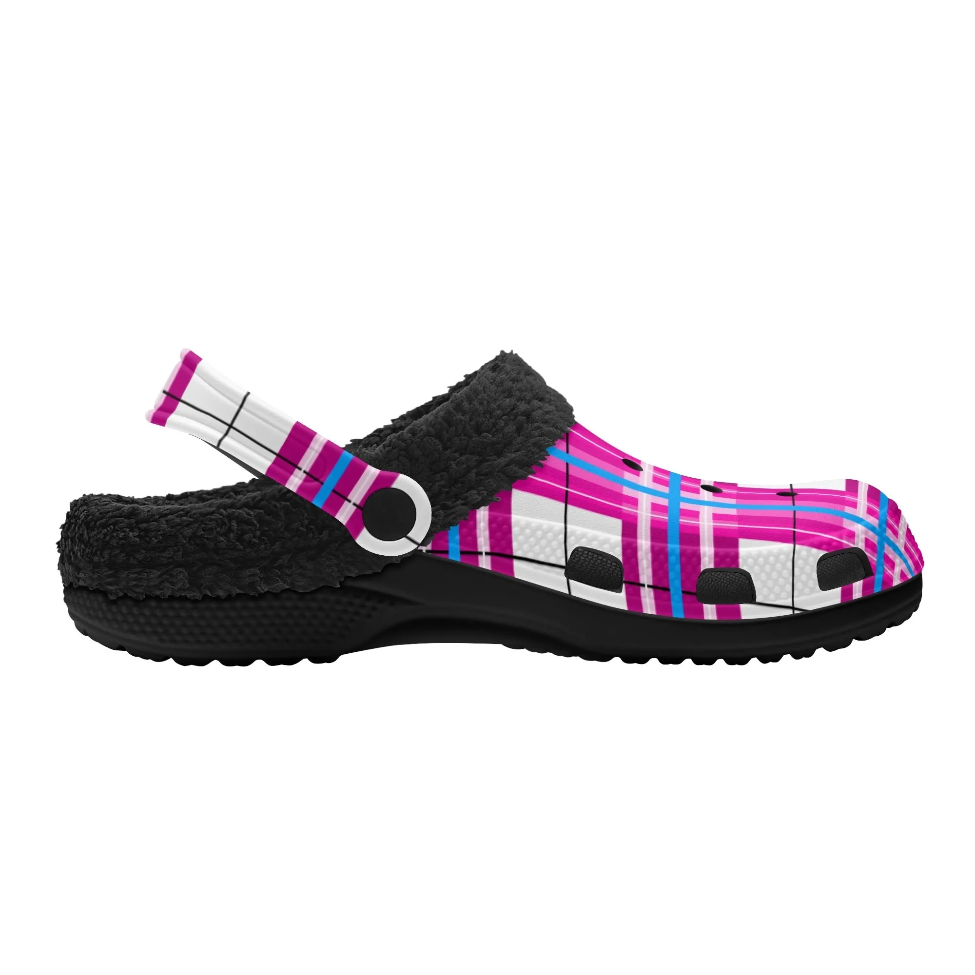 ✨'Islay Sky' Happy Tartan® Adult Clogs With Black Fleece Fur Lining✨