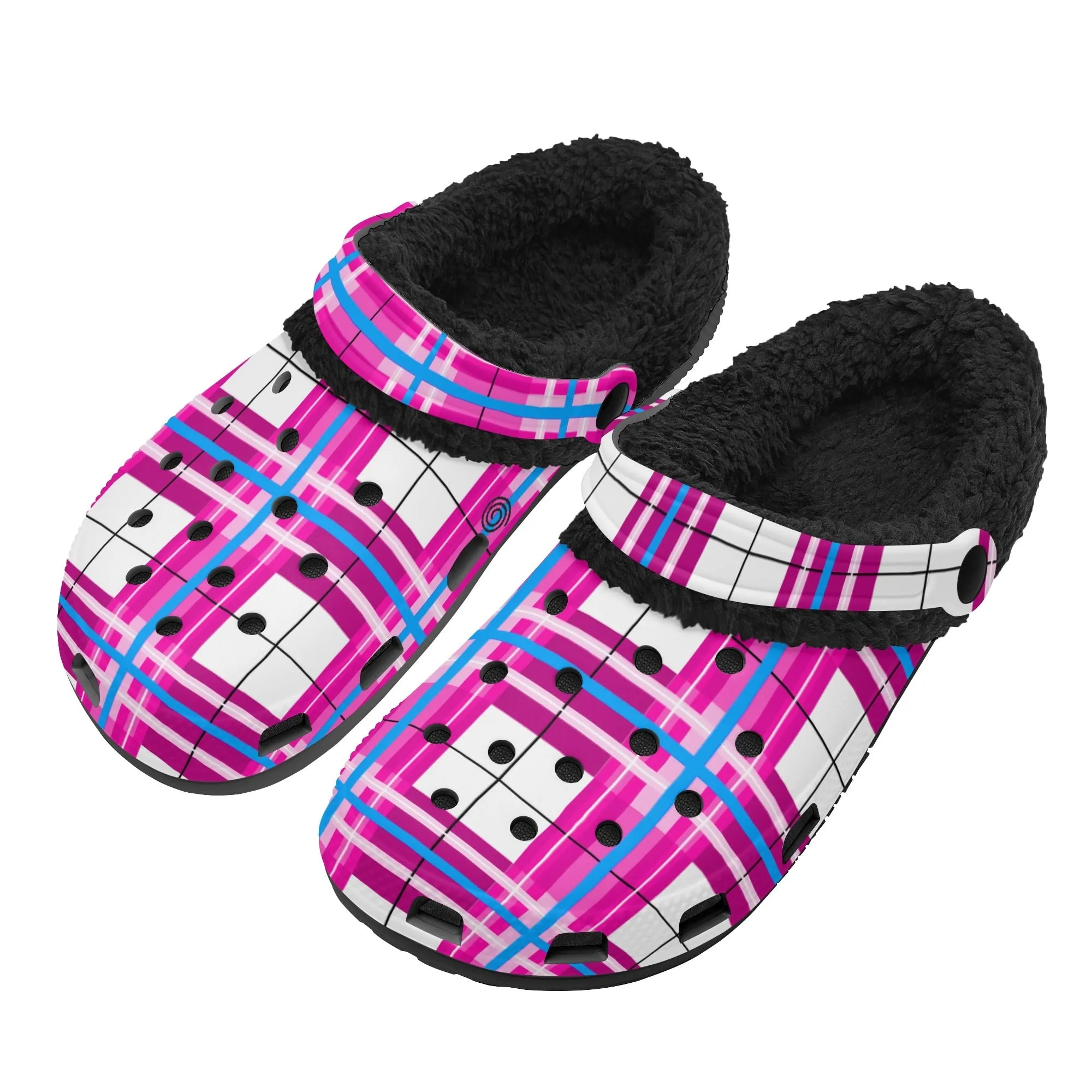 ✨'Islay Sky' Happy Tartan® Adult Clogs With Black Fleece Fur Lining✨