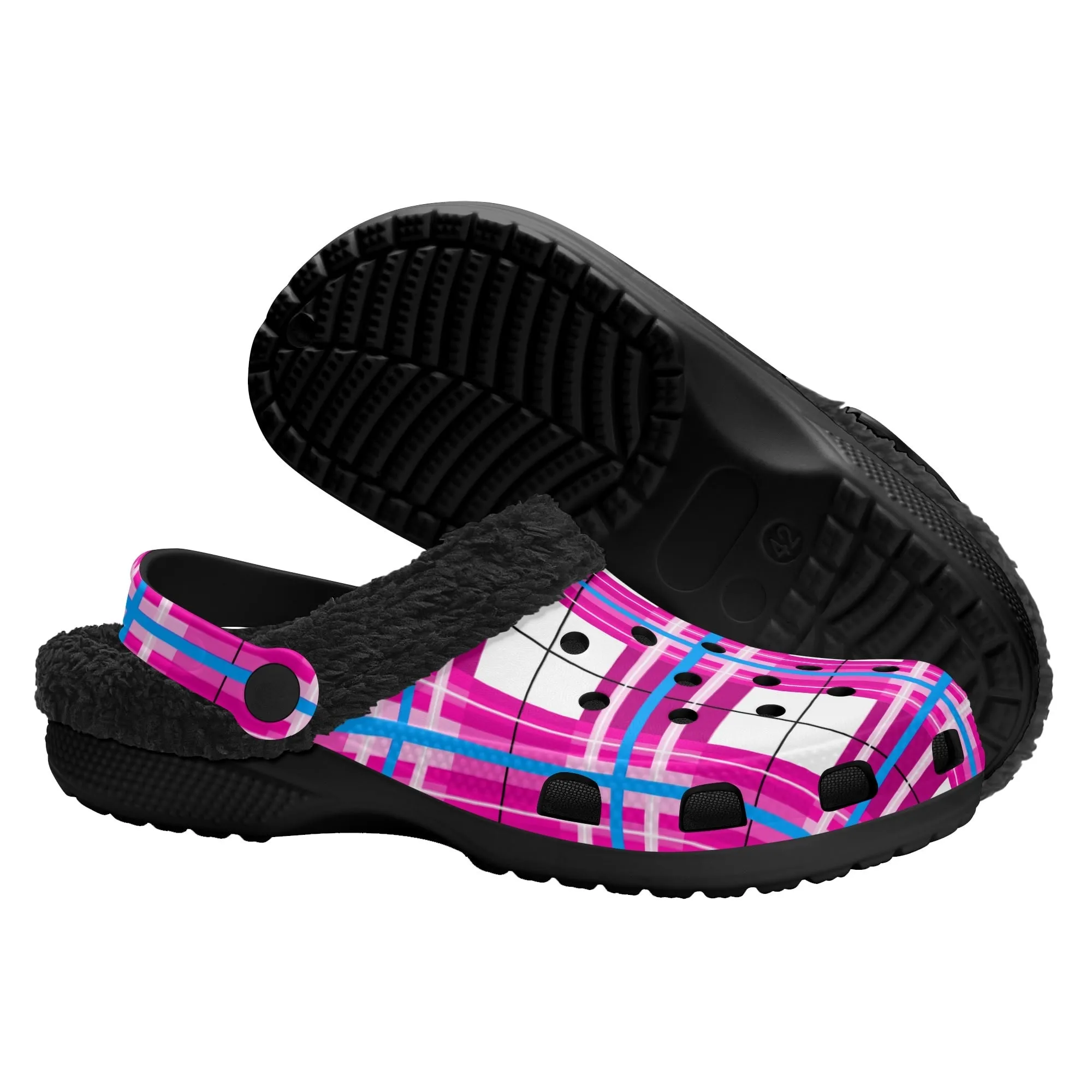 ✨'Islay Sky' Happy Tartan® Adult Clogs With Black Fleece Fur Lining✨